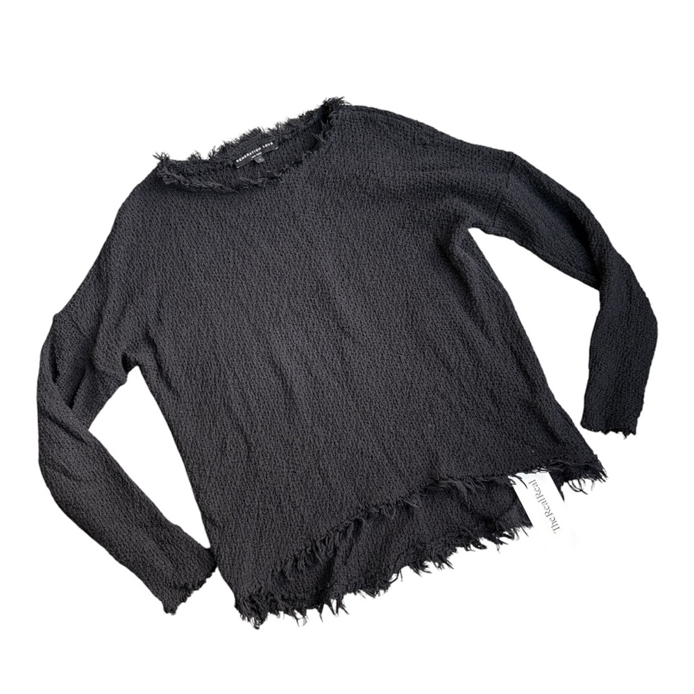 Black Frayed Hem Long Sleeve Sweater